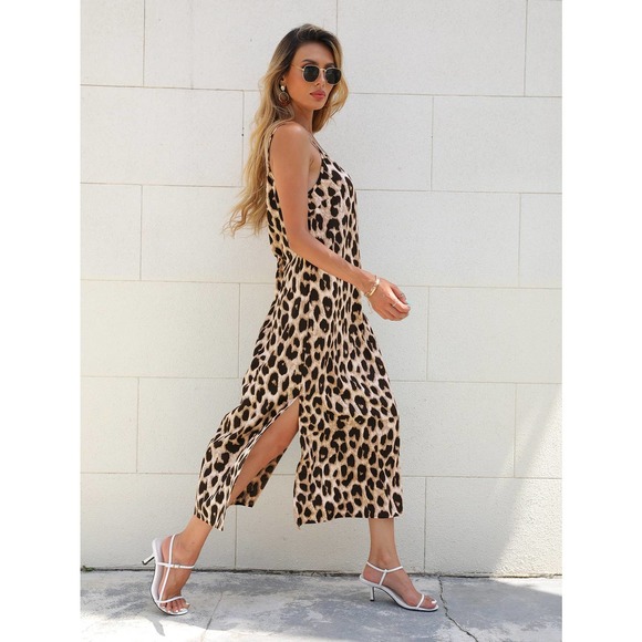 Leopard print Split Hem Cami midi Dress (Without Belt) - Picture 5 of 6